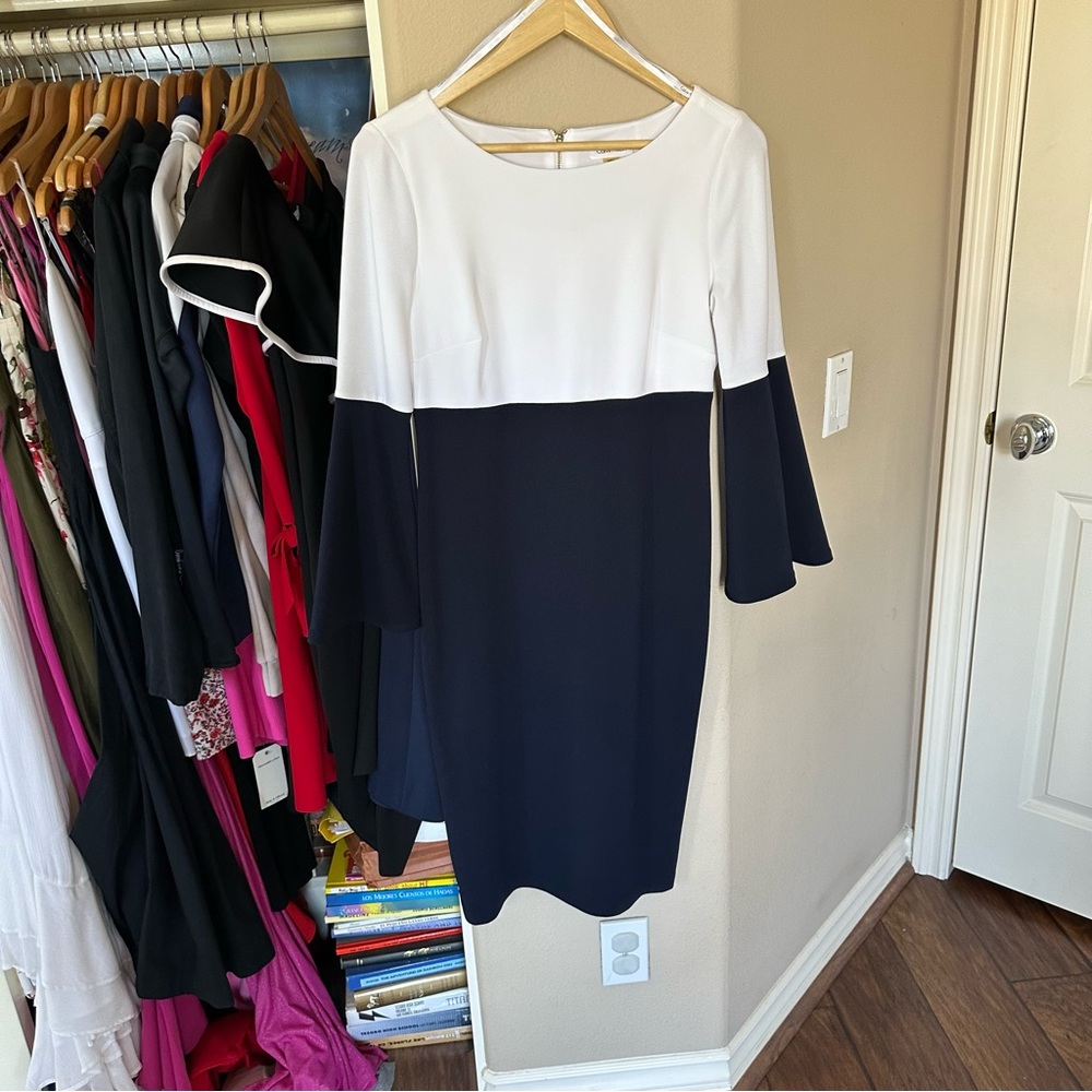 Calvin Klein White and Blue Sheath Dress with Bell Sleeves